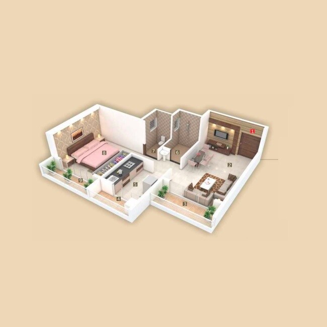 Floor plan of 1 BHK 307 Sq. Ft. Apartment in Parth Bhagat Heritage, Navi Mumbai