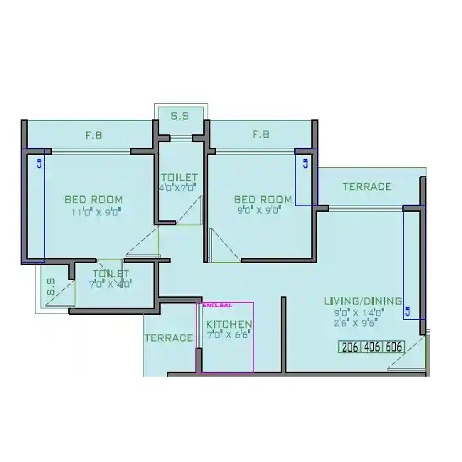 Floor plan of 2 BHK 429 Sq. Ft. Apartment in Parth Bhagat Heritage, Navi Mumbai