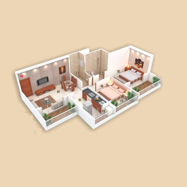 Floor plan of 2 BHK 487 Sq. Ft. Apartment in Parth Bhagat Heritage, Navi Mumbai