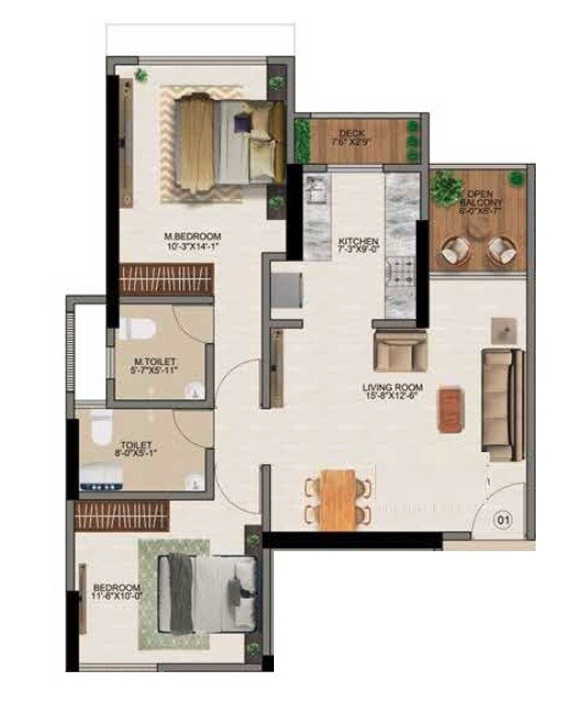 Floor plan of 2 BHK 532 Sq. Ft. Apartment in Parth Lakeview, Navi Mumbai