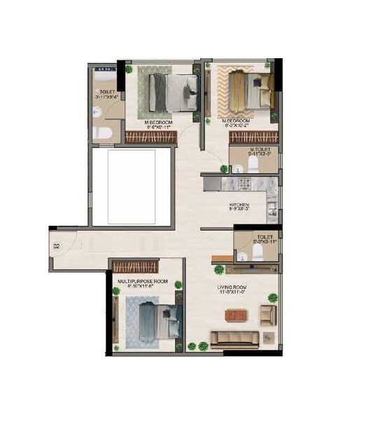 Floor plan of 3 BHK 875 Sq. Ft. Apartment in Parth Lakeview, Navi Mumbai