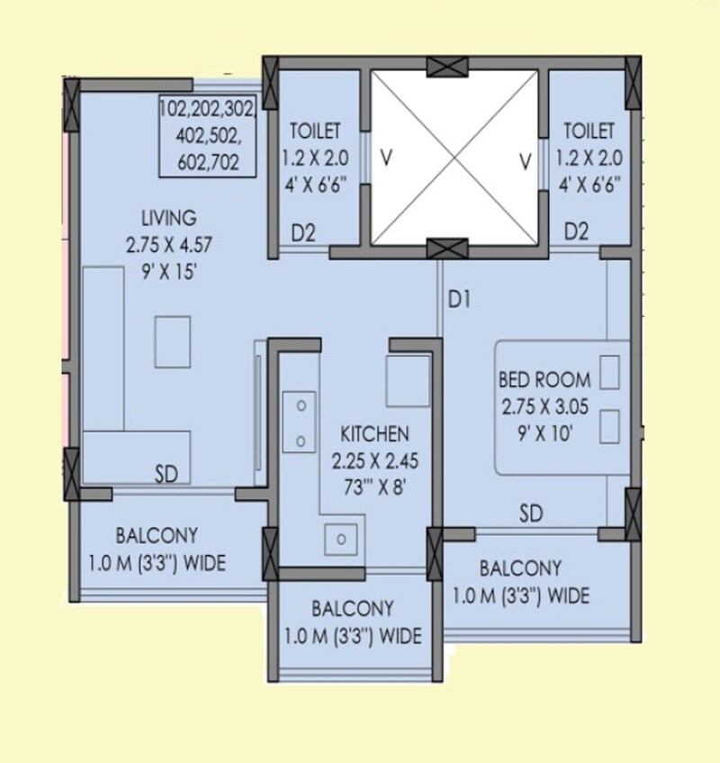 Floor plan of 1 BHK 369 Sq. Ft. Apartment in Patel Heritage Mangaon, Navi Mumbai