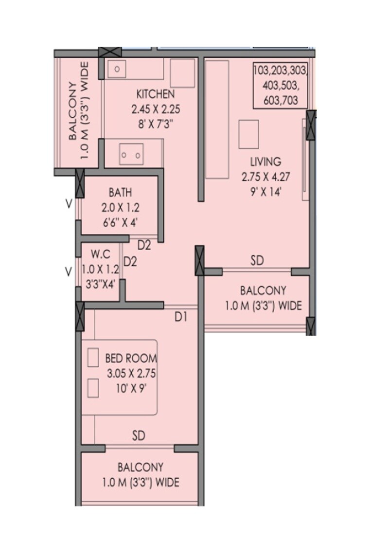 Floor plan of 1 BHK 376 Sq. Ft. Apartment in Patel Heritage Mangaon, Navi Mumbai
