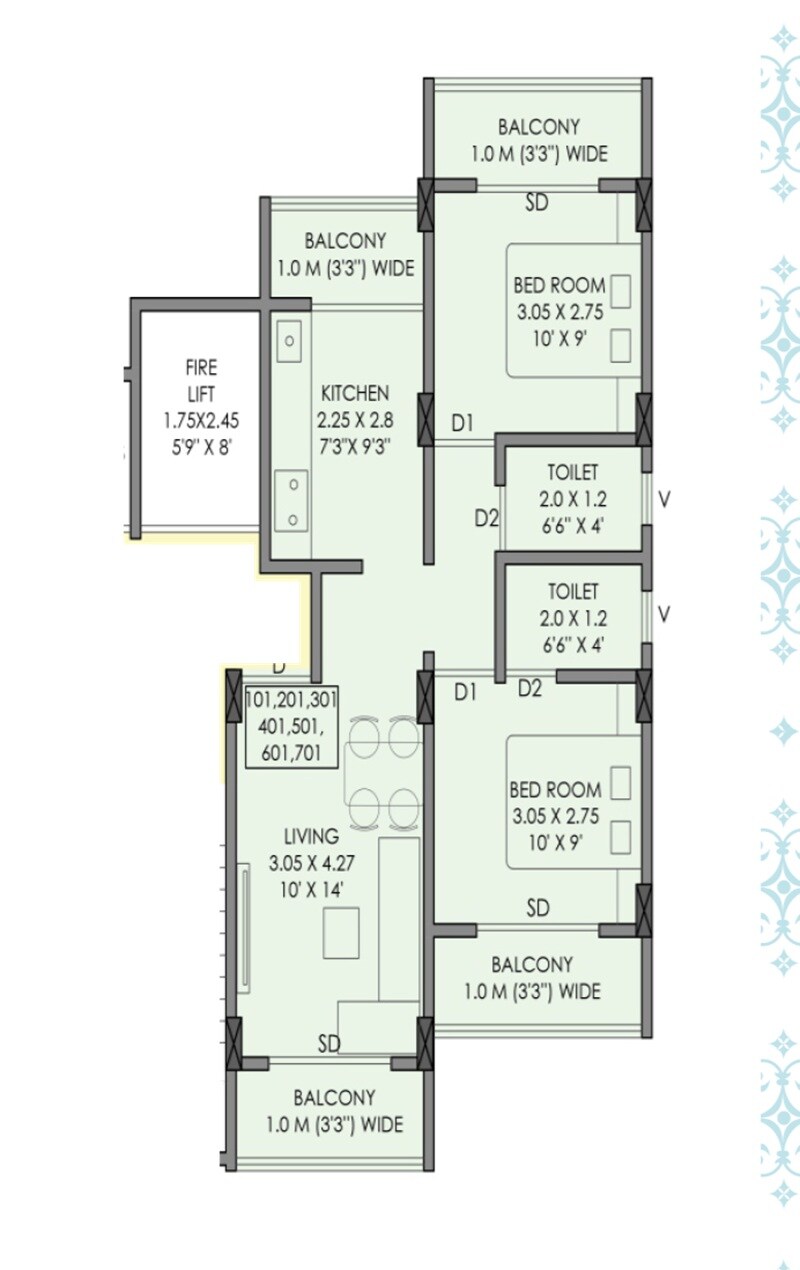 Floor plan of 2 BHK 503 Sq. Ft. Apartment in Patel Heritage Mangaon, Navi Mumbai