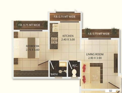 Floor plan of 1 BHK 305 Sq. Ft. Apartment in Patel Shree Vallabh Aangan, Navi Mumbai
