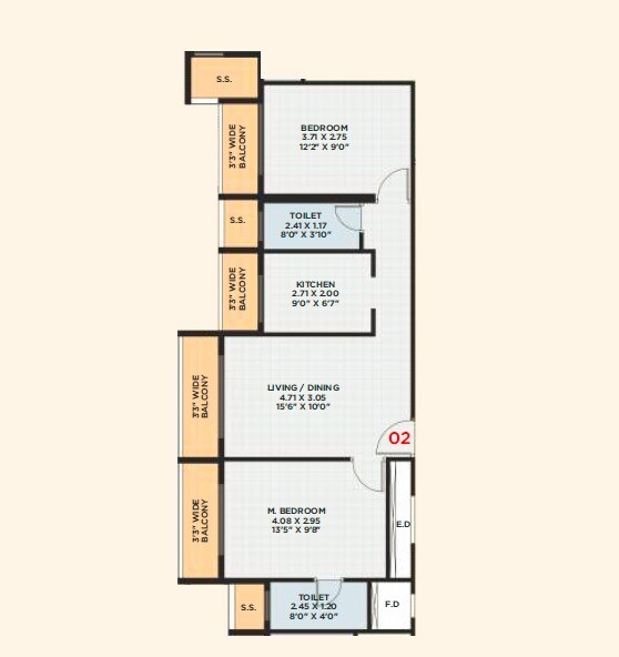 Floor plan of 2 BHK 699 Sq. Ft. Apartment in Pawan Stone Vista, Navi Mumbai