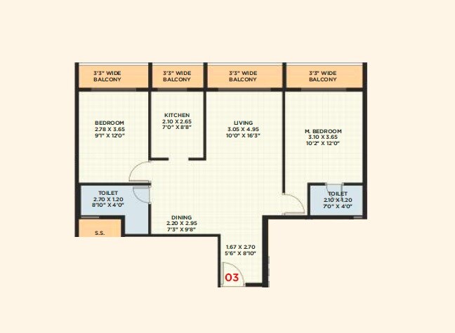 Floor plan of 2 BHK 804 Sq. Ft. Apartment in Pawan Stone Vista, Navi Mumbai