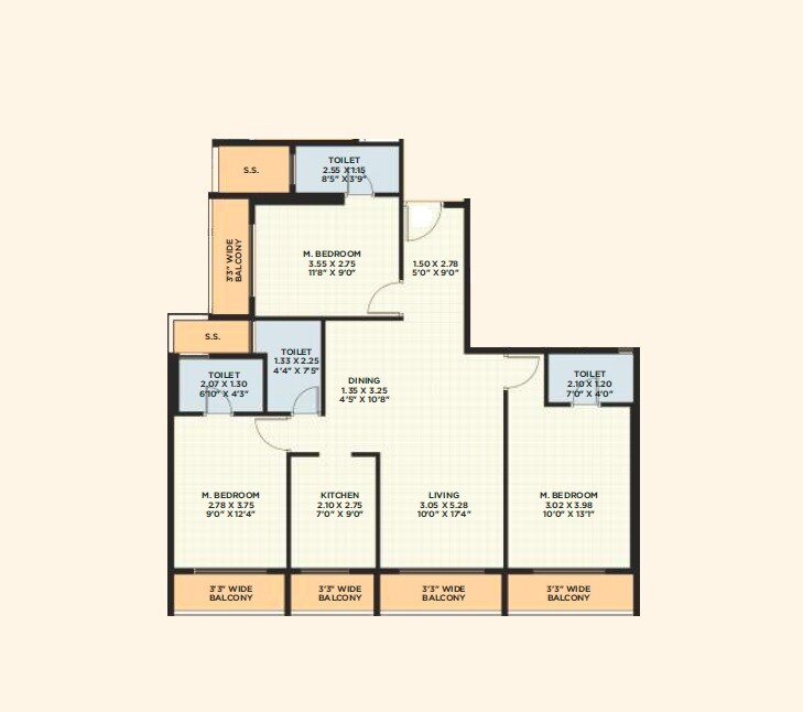 Floor plan of 3 BHK 1116 Sq. Ft. Apartment in Pawan Stone Vista, Navi Mumbai