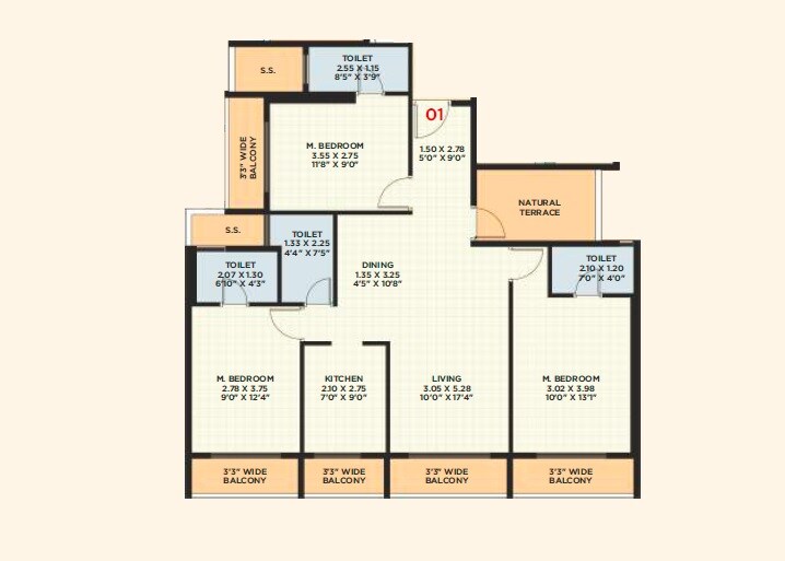 Floor plan of 3 BHK 1134 Sq. Ft. Apartment in Pawan Stone Vista, Navi Mumbai