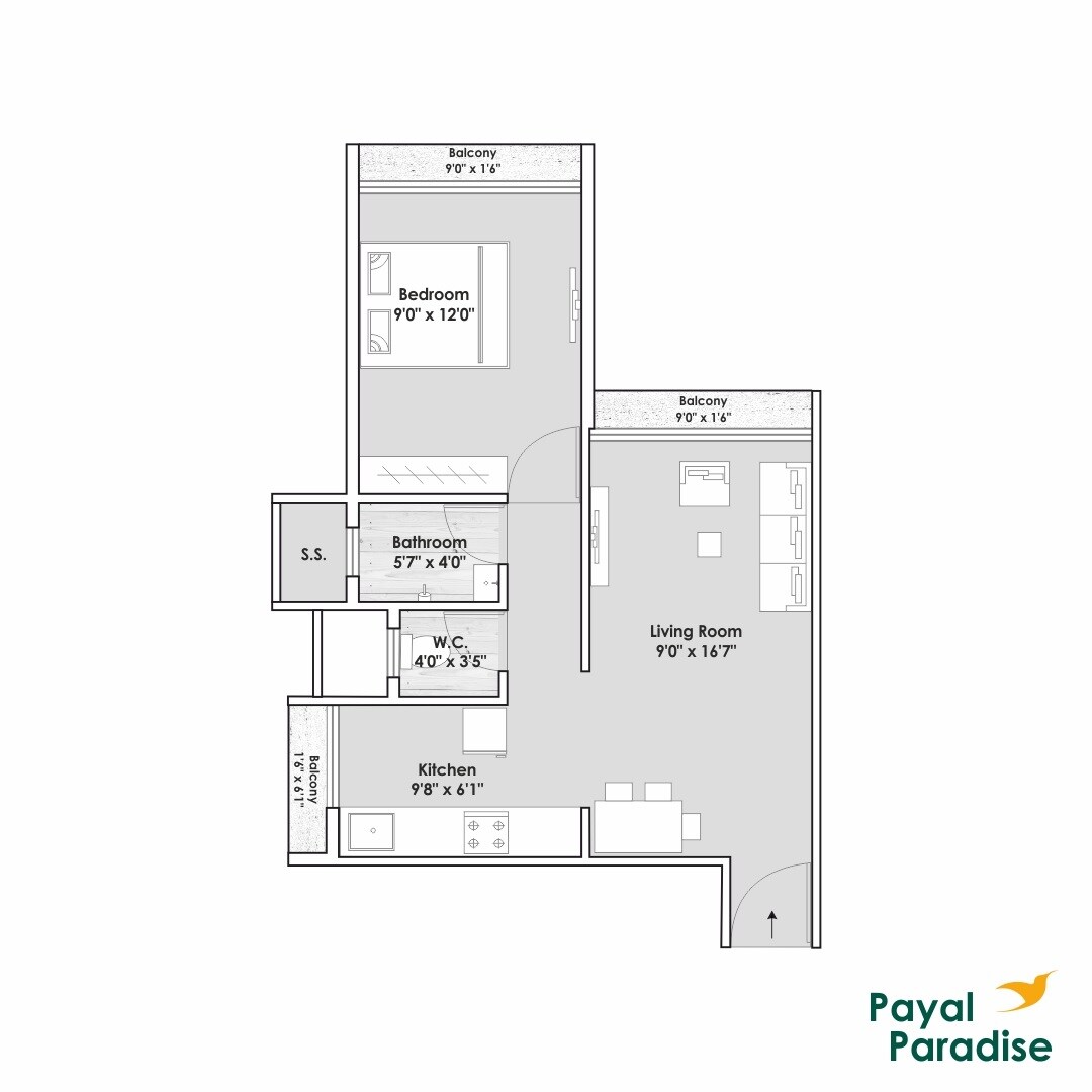 Floor plan of 1 BHK 327 Sq. Ft. Apartment in Payal Paradise, Navi Mumbai