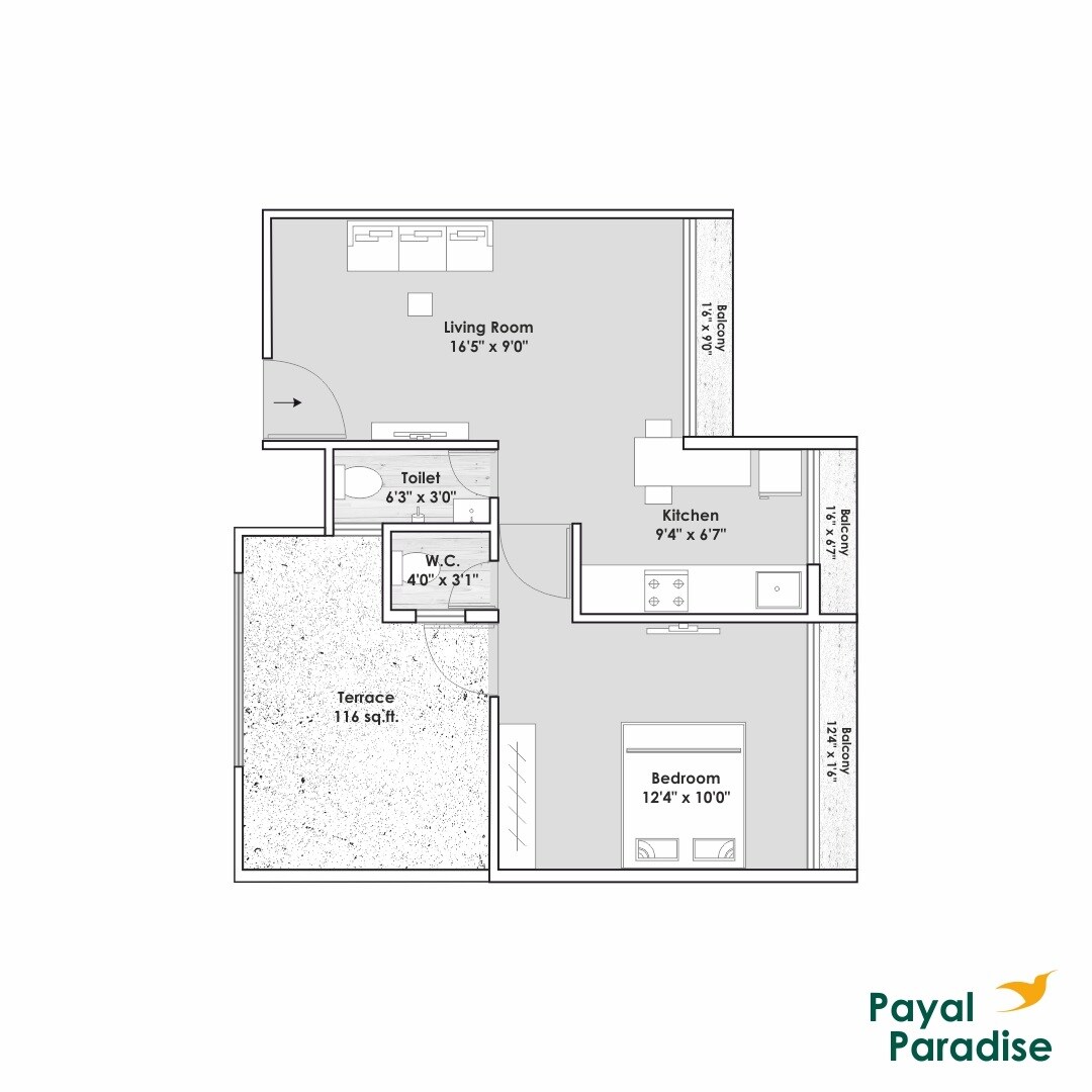 Floor plan of 1 BHK 398 Sq. Ft. Apartment in Payal Paradise, Navi Mumbai