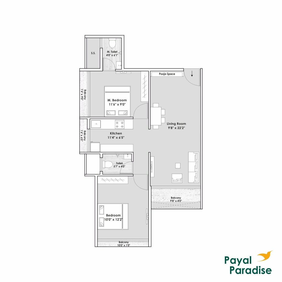 Floor plan of 2 BHK 634 Sq. Ft. Apartment in Payal Paradise, Navi Mumbai