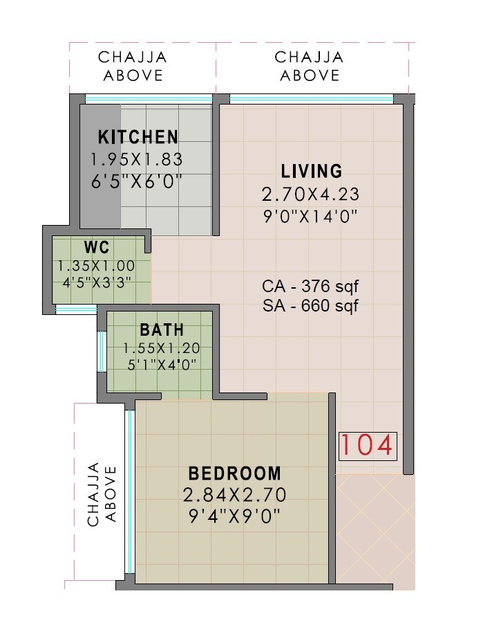 Floor plan of 1 BHK 376 Sq. Ft. Apartment in Payal Pushp, Navi Mumbai