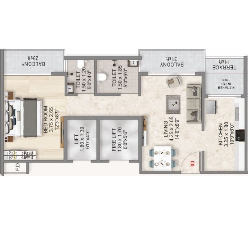 Floor plan of 1 BHK 337 Sq. Ft. Apartment in Phoenix Vision, Navi Mumbai