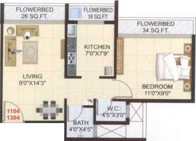 Floor plan of 1 BHK 610 Sq. Ft. Apartment in Pinnacle Dreamz, Navi Mumbai