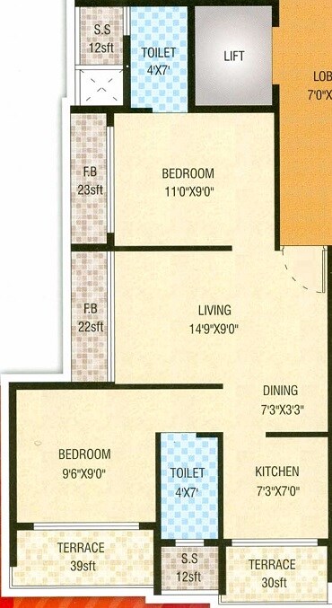 Floor plan of 2 BHK 411 Sq. Ft. Apartment in Pinnacle Innovative Plaza-1, Navi Mumbai