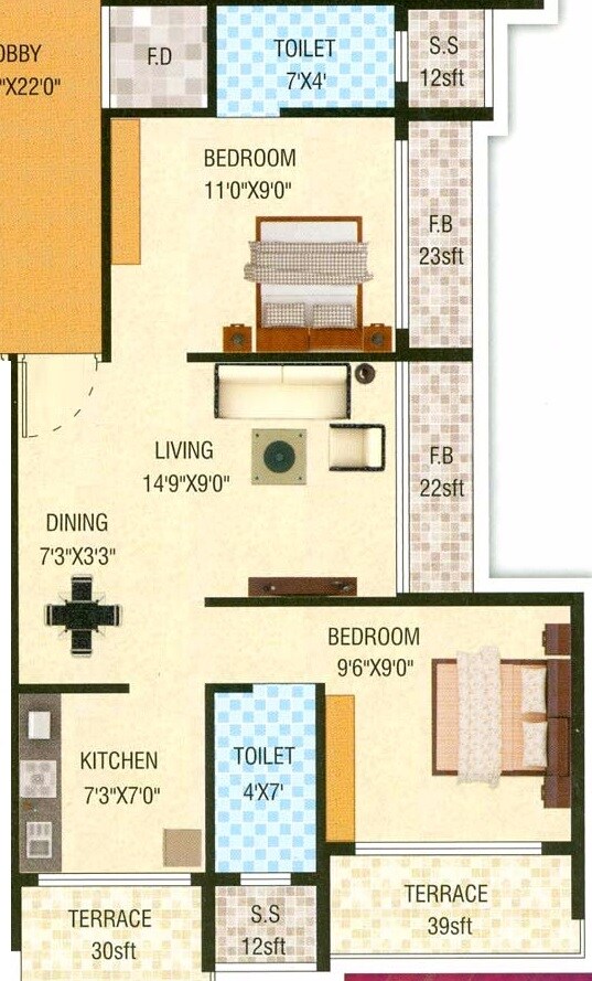 Floor plan of 2 BHK 414 Sq. Ft. Apartment in Pinnacle Innovative Plaza-1, Navi Mumbai
