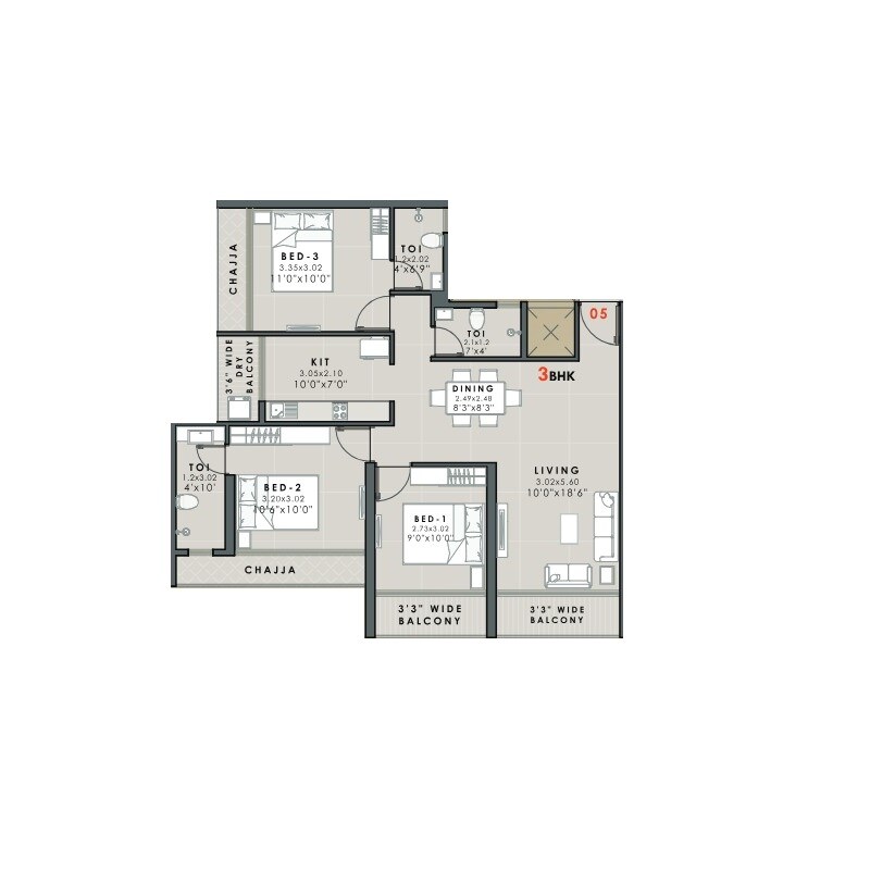 3 BHK 736 Sq. Ft. Apartment
