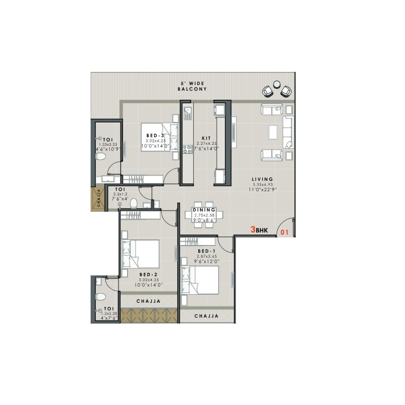 Floor plan of 3 BHK 970 Sq. Ft. Apartment in Pioneer The Coastal Bay, Navi Mumbai