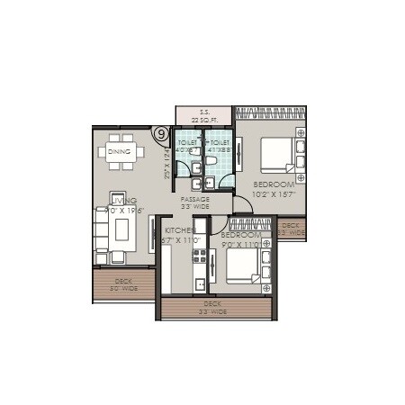 2 BHK 820 Sq. Ft. Apartment