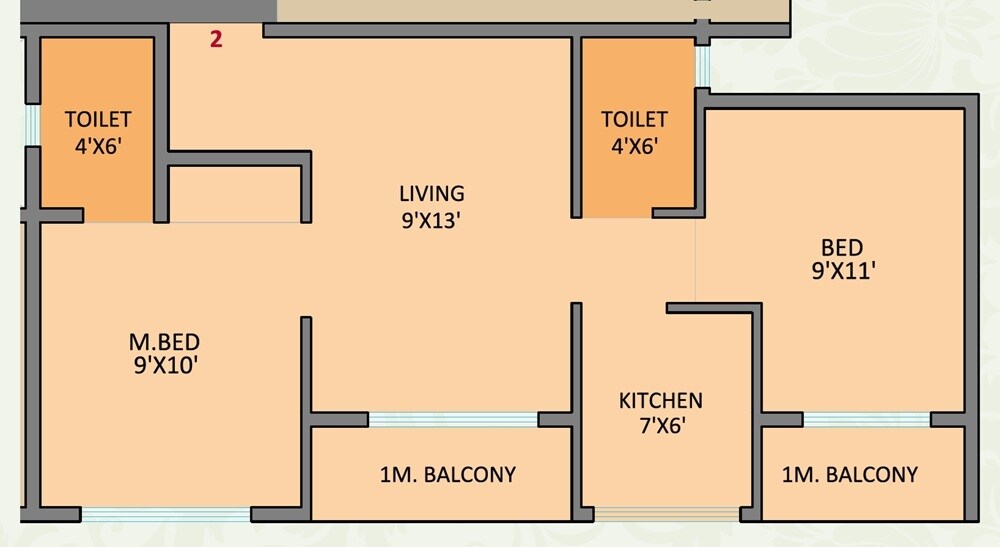 Floor plan of 2 BHK 505 Sq. Ft. Apartment in Planet Icon, Navi Mumbai