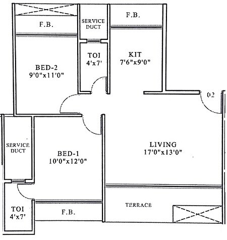 Floor plan of 2 BHK 451 Sq. Ft. Apartment in Platinum Crescenzo, Navi Mumbai