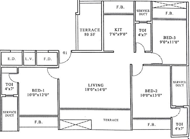 Floor plan of 3 BHK 552 Sq. Ft. Apartment in Platinum Crescenzo, Navi Mumbai