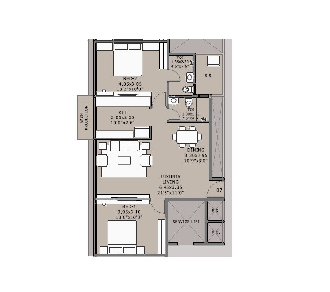 Floor plan of 2 BHK 778 Sq. Ft. Apartment in Platinum Esquare, Navi Mumbai