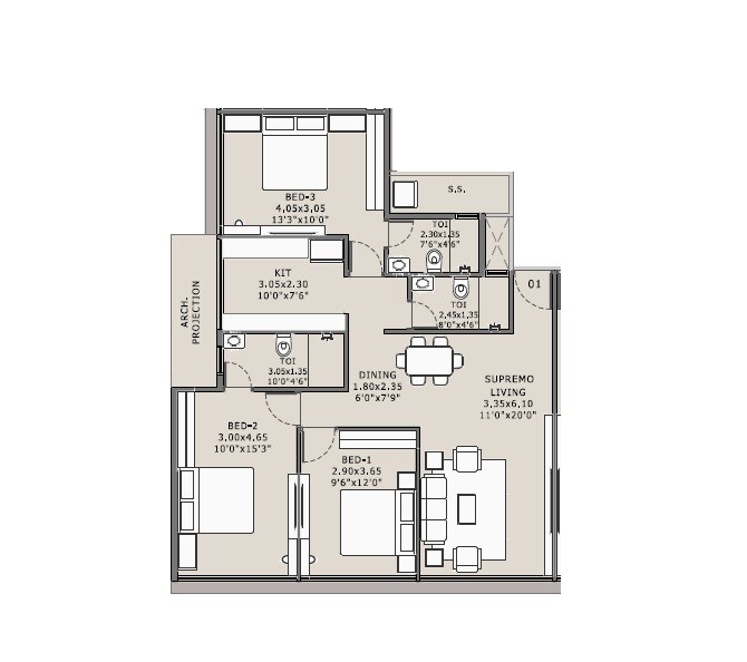 Floor plan of 3 BHK 791 Sq. Ft. Apartment in Platinum Esquare, Navi Mumbai