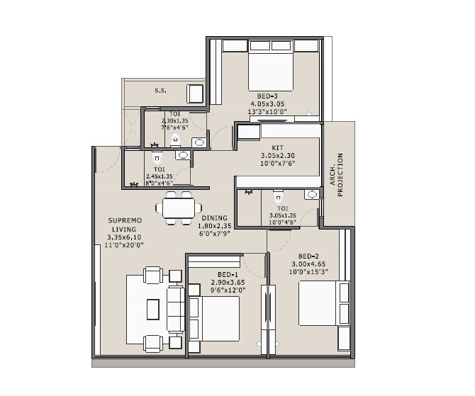 Floor plan of 3 BHK 813 Sq. Ft. Apartment in Platinum Esquare, Navi Mumbai