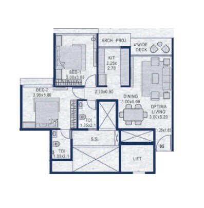 Floor plan of 2 BHK 645 Sq. Ft. Apartment in Platinum Parksyde, Navi Mumbai