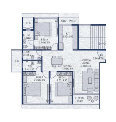 Floor plan of 3 BHK 1019 Sq. Ft. Apartment in Platinum Parksyde, Navi Mumbai
