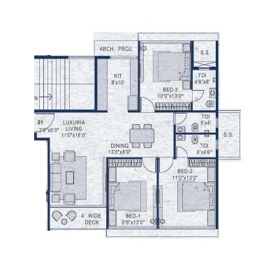 Floor plan of 3 BHK 1049 Sq. Ft. Apartment in Platinum Parksyde, Navi Mumbai