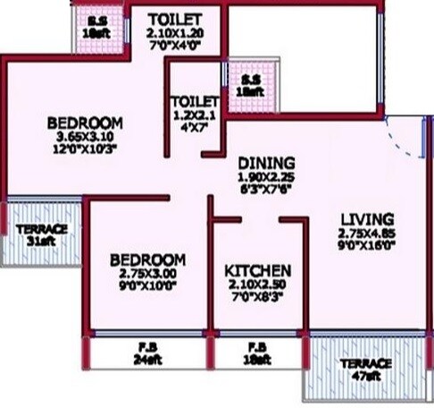 Floor plan of 2 BHK 375 Sq. Ft. Apartment in Platinum Tulsi Sapphire, Navi Mumbai