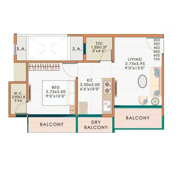 Floor plan of 1 BHK 322 Sq. Ft. Apartment in Pote Emrald, Navi Mumbai