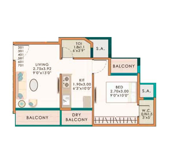 Floor plan of 1 BHK 430 Sq. Ft. Apartment in Pote Emrald, Navi Mumbai