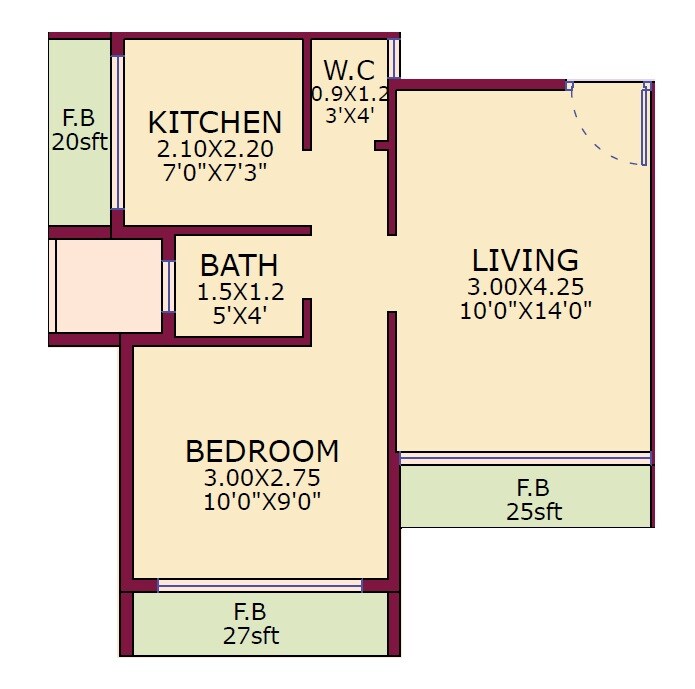 Floor plan of 1 BHK 353 Sq. Ft. Apartment in Prabhu Lok, Navi Mumbai