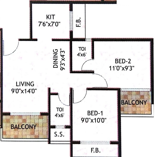 Floor plan of 2 BHK Apartment - 406 sq. ft. in Pragati Avenue, Navi Mumbai
