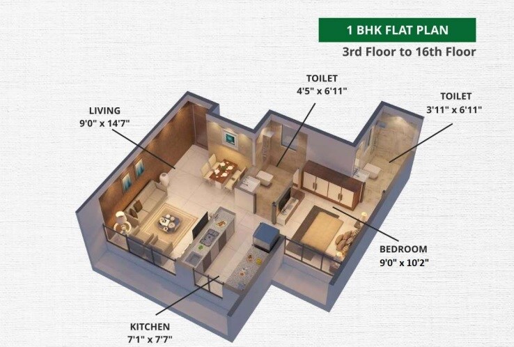 Floor plan of 1 BHK 432 Sq. Ft. Apartment in Prajapati Opal, Navi Mumbai