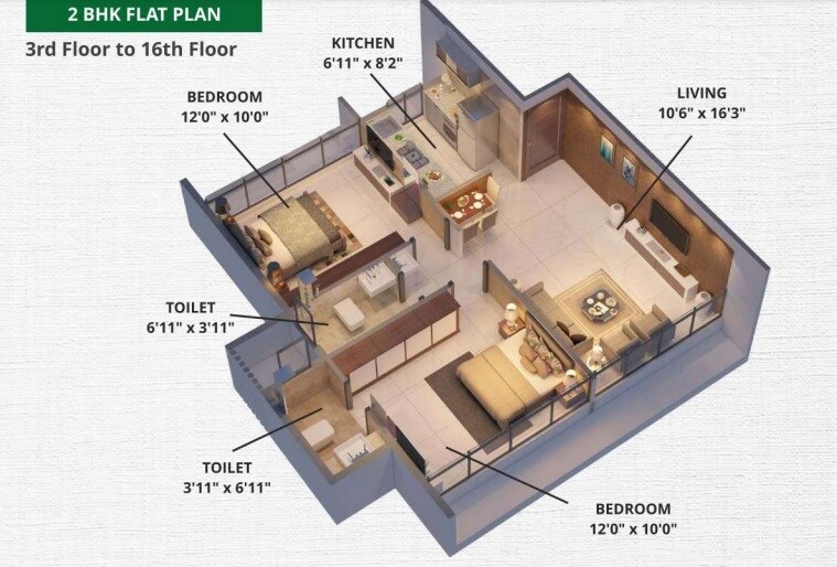 Floor plan of 2 BHK 756 Sq. Ft. Apartment in Prajapati Opal, Navi Mumbai
