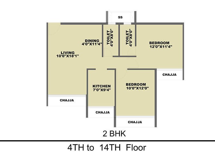 Floor plan of 2 BHK 775 Sq. Ft. Apartment in Prajapati Ornate, Navi Mumbai