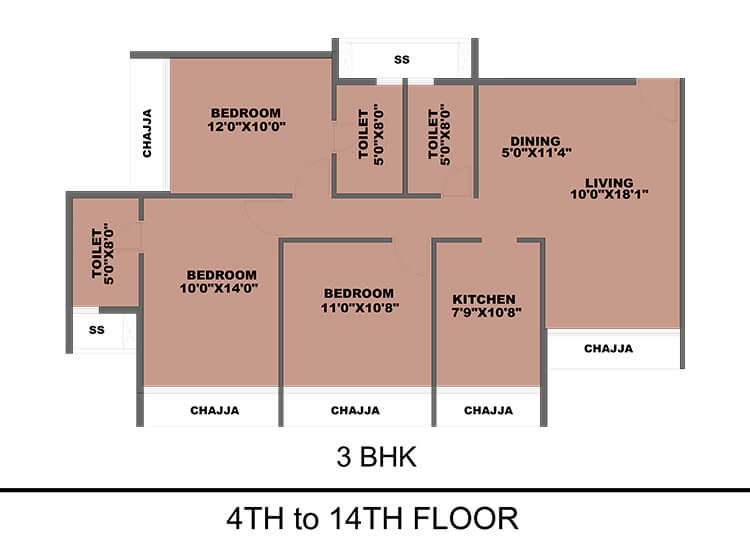 Floor plan of 3 BHK 1080 Sq. Ft. Apartment in Prajapati Ornate, Navi Mumbai