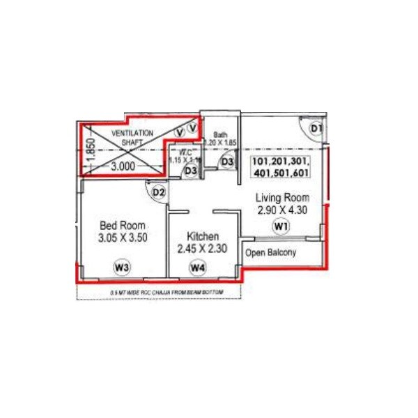 Floor plan of 1 BHK 396 Sq. Ft. Apartment in Prajyot Extend, Navi Mumbai