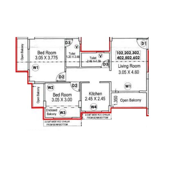 Floor plan of 2 BHK 542 Sq. Ft. Apartment in Prajyot Extend, Navi Mumbai