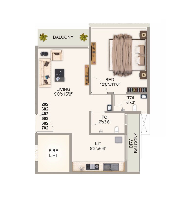 Floor plan of 1 BHK 307 Sq. Ft. Apartment in Pramukh Pride, Navi Mumbai