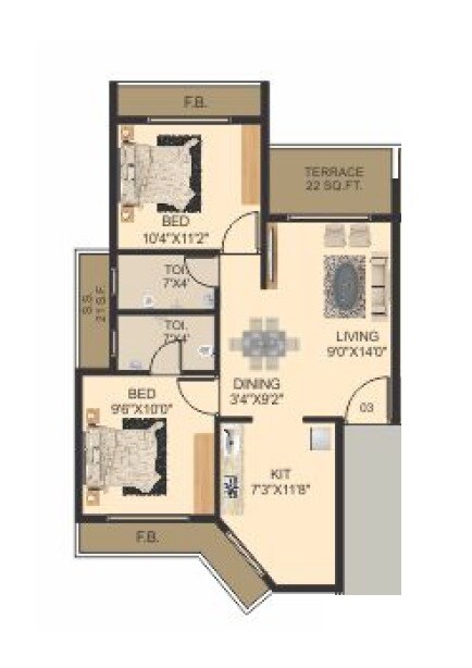 Floor plan of 2 BHK 419 Sq. Ft. Apartment in Prathmesh Symphony, Navi Mumbai