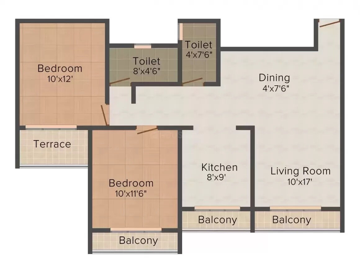 Floor plan of 2 BHK 1135 Sq. Ft. Apartment in Pratik Harmony, Navi Mumbai