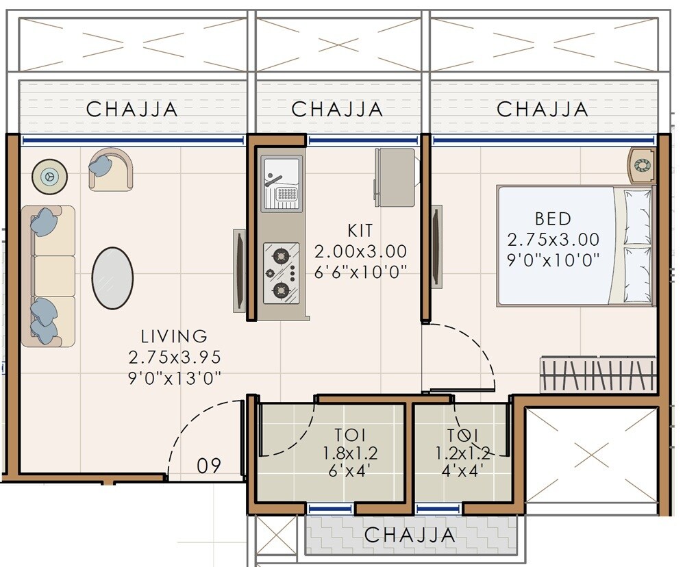 Floor plan of 1 BHK 318 Sq. Ft. Apartment in Precious Krishna Hills, Navi Mumbai