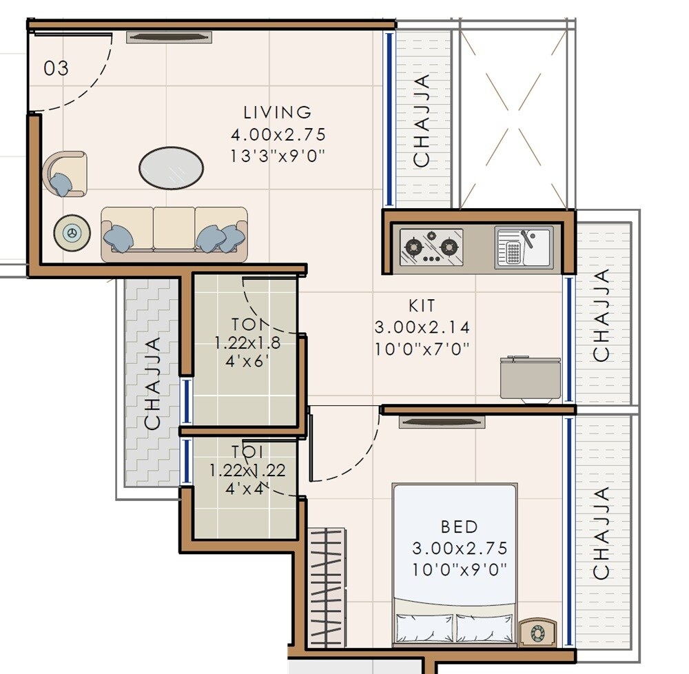 Floor plan of 1 BHK 322 Sq. Ft. Apartment in Precious Krishna Hills, Navi Mumbai
