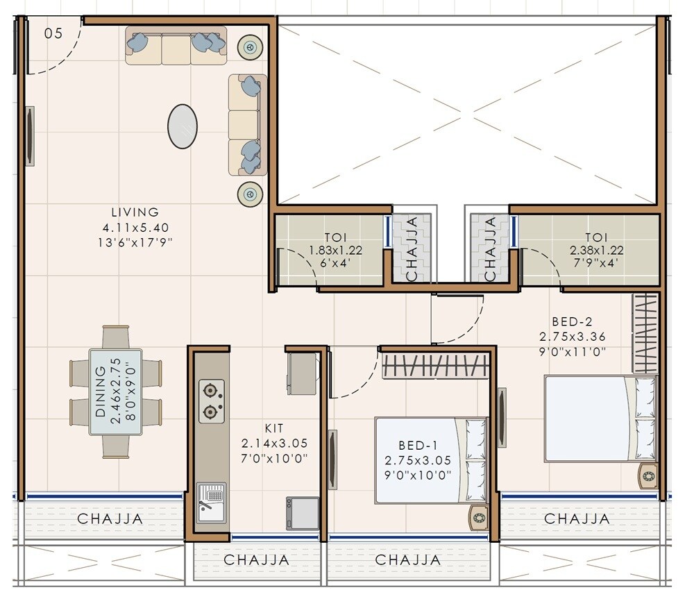 Floor plan of 2 BHK 603 Sq. Ft. Apartment in Precious Krishna Hills, Navi Mumbai